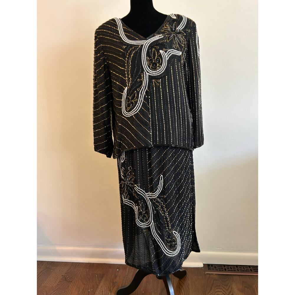 Jewel Queen Top Skirt Set Sequin Black gold Silk Sz L 100% silk great Gatsby